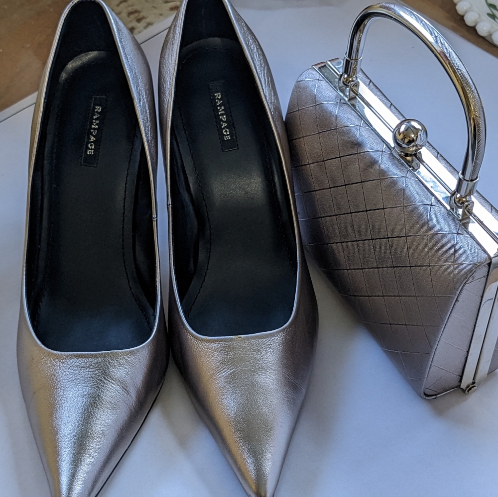 Set of leather pumps heels and small clutch evening handbag